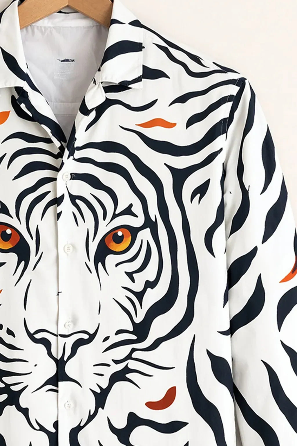 Azotop Premium White Tiger Face Graphic Print Full Sleeve Cotton Blend Casual Shirt for Men | Luxury Animal Print Regular Fit Designer Button Down Party Wear Fashion Shirt