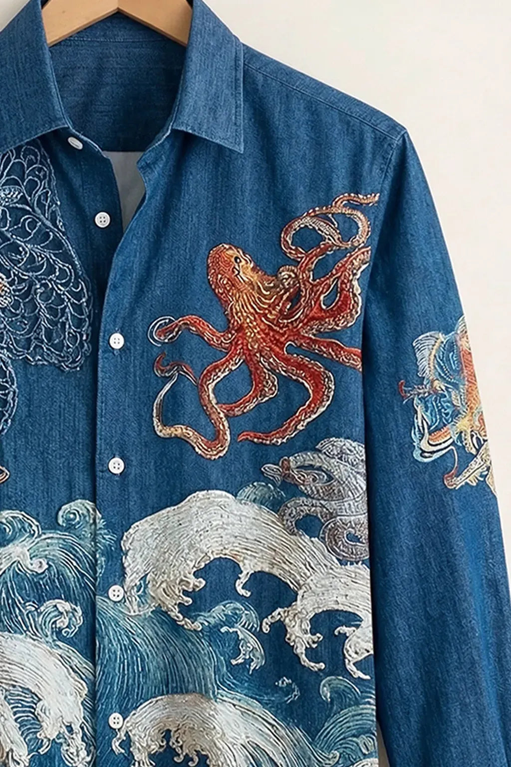 Azotop Premium Ocean Wave & Octopus Graphic Print Full Sleeve Cotton Blend Casual Shirt for Men | Japanese Art Inspired Regular Fit Designer Party Wear Button Down Fashion Shirt