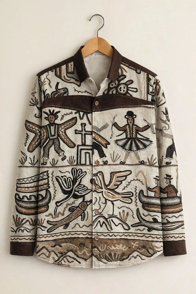 Azotop Premium Vintage Tribal Art Print Full Sleeve Cotton Blend Casual Shirt for Men | Ethnic Regular Fit Designer Button Down Fashion Shirt | Bohemian Graphic Party Wear Statement Shirt