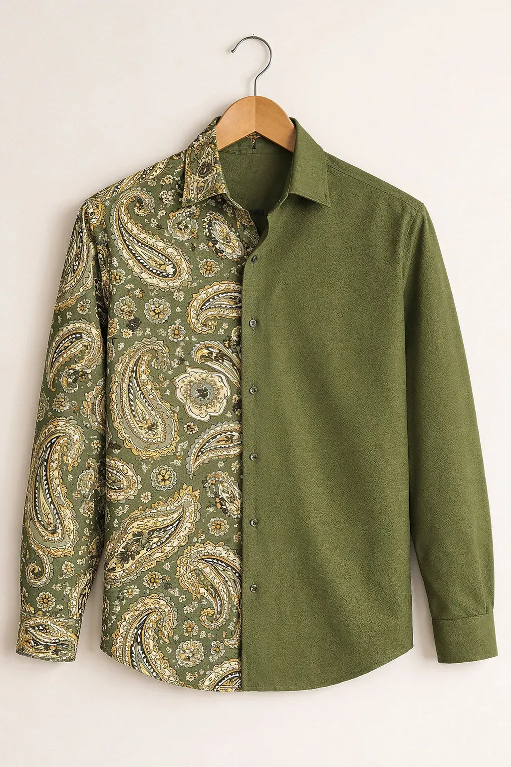 Azotop Premium Dual Tone Olive Green Paisley Print Full Sleeve Cotton Blend Casual Shirt for Men | Regular Fit Designer Button Down Party Wear Fashion Shirt | Luxury Modern Statement Shirt