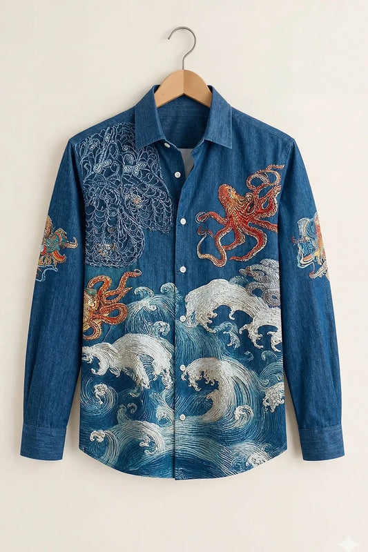 Azotop Premium Ocean Wave & Octopus Graphic Print Full Sleeve Cotton Blend Casual Shirt for Men | Japanese Art Inspired Regular Fit Designer Party Wear Button Down Fashion Shirt