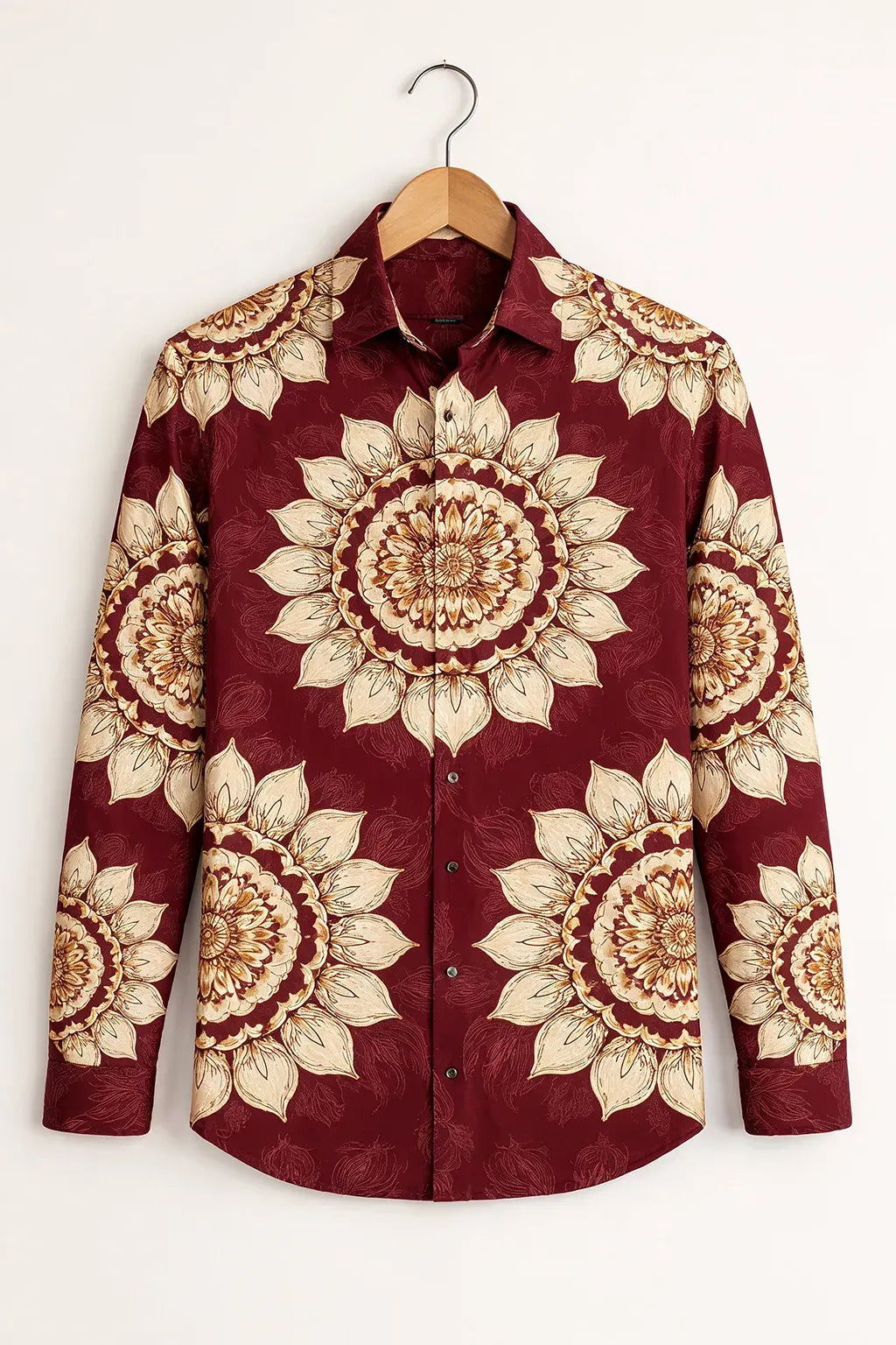Azotop Premium Maroon Floral Mandala Print Full Sleeve Cotton Blend Casual Shirt for Men | Luxury Regular Fit Designer Button Down Party Wear Fashion Shirt | Vintage Ethnic Statement Shirt