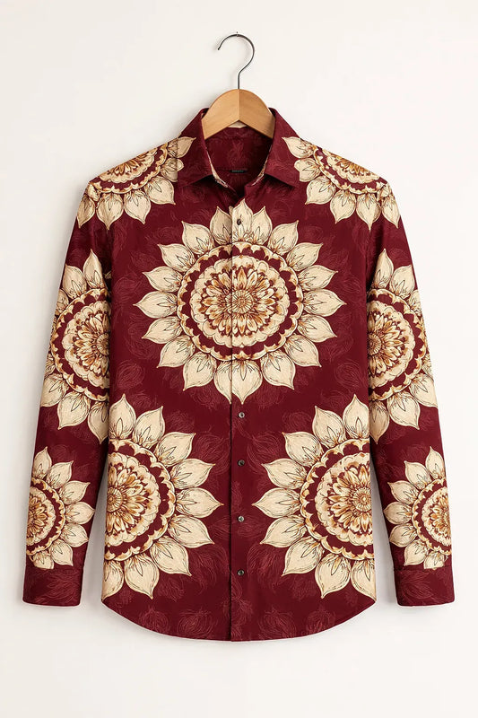 Azotop Premium Maroon Floral Mandala Print Full Sleeve Cotton Blend Casual Shirt for Men | Luxury Regular Fit Designer Button Down Party Wear Fashion Shirt | Vintage Ethnic Statement Shirt