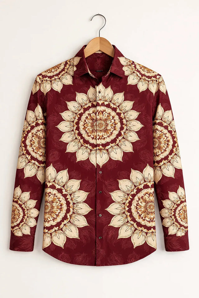 Azotop Premium Maroon Floral Mandala Print Full Sleeve Cotton Blend Casual Shirt for Men | Luxury Regular Fit Designer Button Down Party Wear Fashion Shirt | Vintage Ethnic Statement Shirt