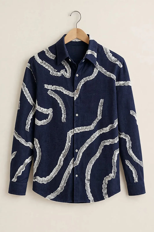 Azotop Premium Abstract Embroidered Pattern Full Sleeve Cotton Blend Casual Shirt for Men | Luxury Regular Fit Designer Button Down Party Wear Fashion Shirt | Modern Textured Statement Shirt