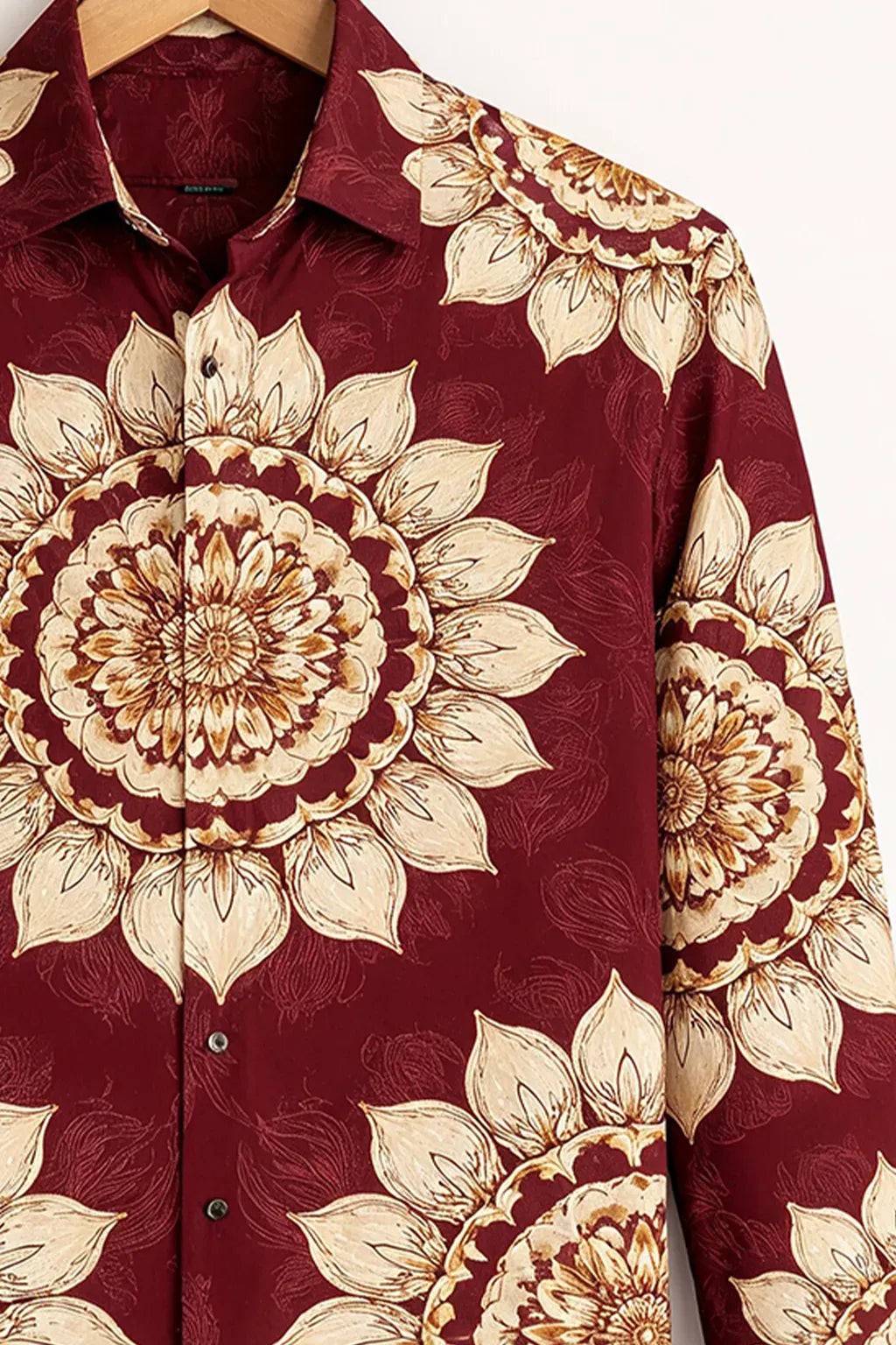Azotop Premium Maroon Floral Mandala Print Full Sleeve Cotton Blend Casual Shirt for Men | Luxury Regular Fit Designer Button Down Party Wear Fashion Shirt | Vintage Ethnic Statement Shirt