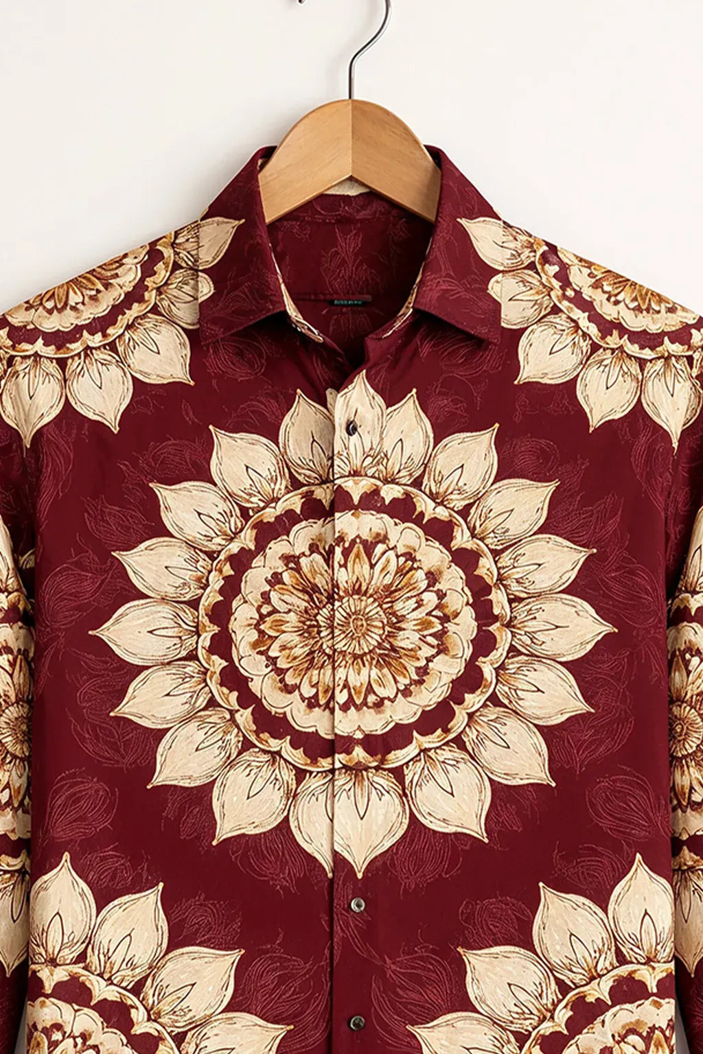 Azotop Premium Maroon Floral Mandala Print Full Sleeve Cotton Blend Casual Shirt for Men | Luxury Regular Fit Designer Button Down Party Wear Fashion Shirt | Vintage Ethnic Statement Shirt